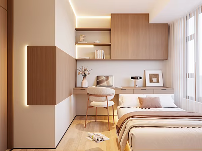 Modern Tatami Bedroom Interior With Wooden Cabinets Desk Chair And Natural Light 3d model