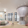 Kids Hotel Guest Room With Hot Air Balloon Decor Mural Bed Pendant Lights And Rug