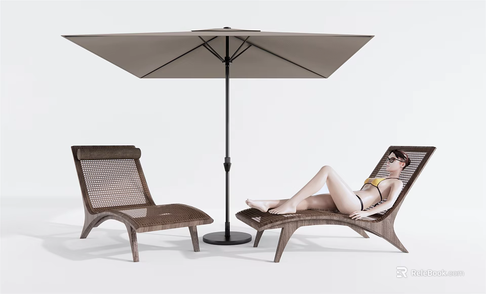 Comfortable Outdoor Mesh Lounge Chairs With Umbrella For Relaxing Patio Area 3d model 