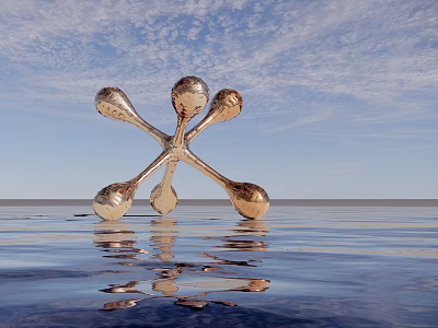 Metallic Sculpture With Spherical Elements On Water Surface And Sky Reflection 3d model
