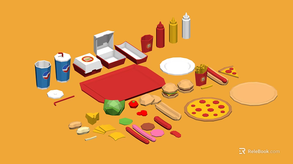 Assorted Fast Food With Hamburgers Fries Pizza Hotdogs Drinks Containers Plates And Condiments 3d model 