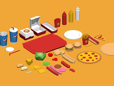 Assorted Fast Food With Hamburgers Fries Pizza Hotdogs Drinks Containers Plates And Condiments 3d model