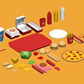 Assorted Fast Food With Hamburgers Fries Pizza Hotdogs Drinks Containers Plates And Condiments
