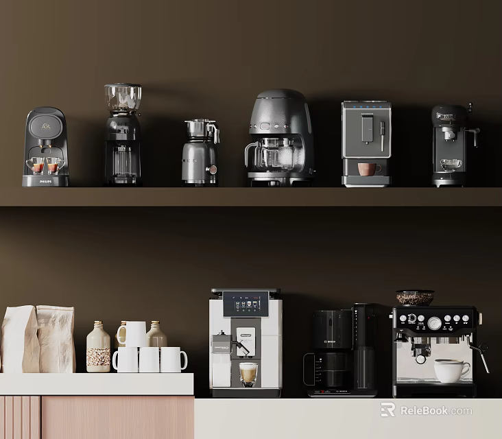Modern Kitchen Appliances on Shelf and Counter Neatly Arranged with Mugs and Bottles 3d model 
