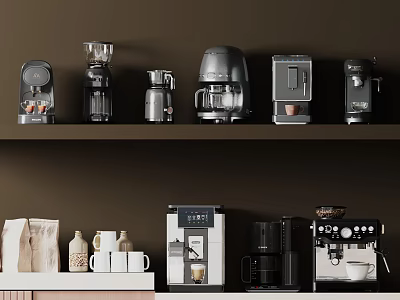 Modern Kitchen Appliances on Shelf and Counter Neatly Arranged with Mugs and Bottles 3d model