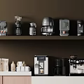 Modern Kitchen Appliances on Shelf and Counter Neatly Arranged with Mugs and Bottles