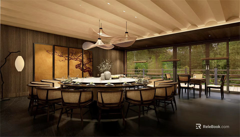 Elegant Private Dining Room With Chinese Style Round Table Wooden Ceiling And Greenery View 3d model