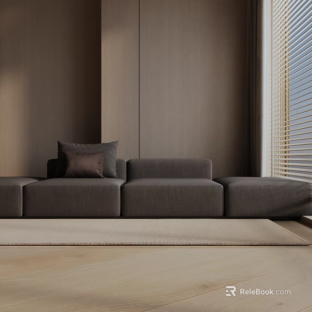 Modern Gray Three-Seater Sofa With Dark Cushion Wooden Wall Blinds And Light Rug 3d model 