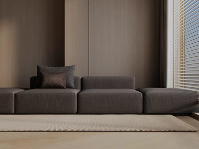 Modern Gray Three-Seater Sofa With Dark Cushion Wooden Wall Blinds And Light Rug 3d model