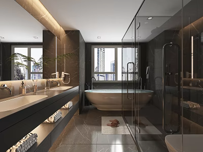 Modern Bathroom Interior Design With Freestanding Bathtub Glass Shower And Double Vanity 3d model