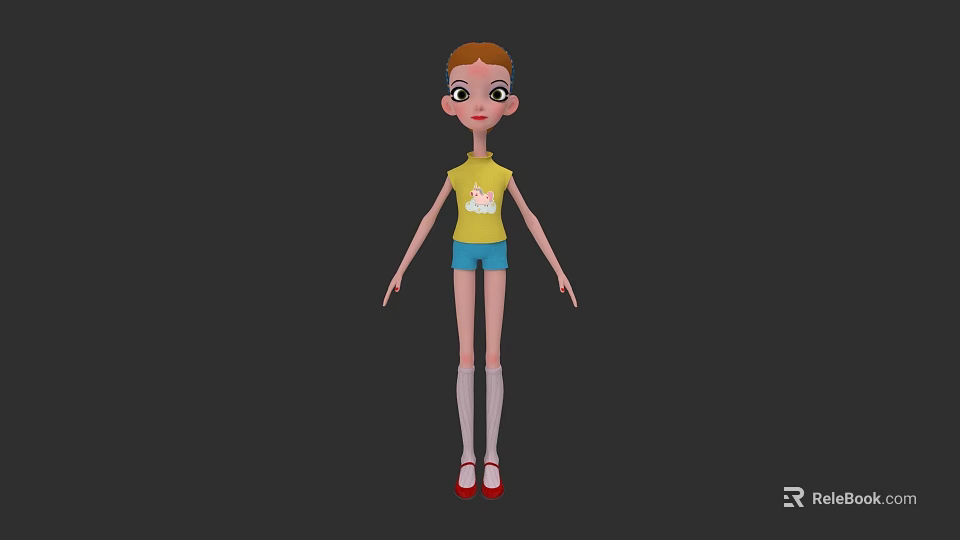 Cartoon Woman With Brown Hair Wearing Yellow T Shirt Blue Shorts White Socks Red Shoes 3d model 