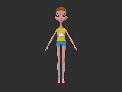 Cartoon Woman With Brown Hair Wearing Yellow T Shirt Blue Shorts White Socks Red Shoes 3d model
