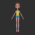 Cartoon Woman With Brown Hair Wearing Yellow T Shirt Blue Shorts White Socks Red Shoes