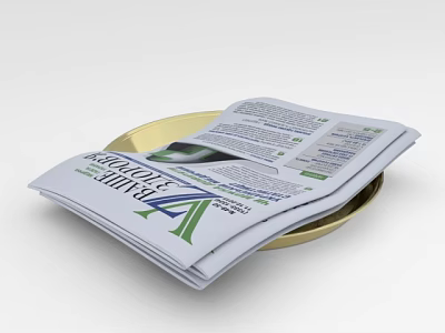 Open Healthcare Journal Magazine On Gold Tray With Spread Pages And Articles 3d model