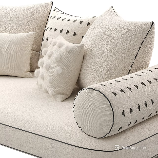 Cozy Beige Sectional Sofa With Pom Pom And Black Patterned Decorative Pillows 3d model 