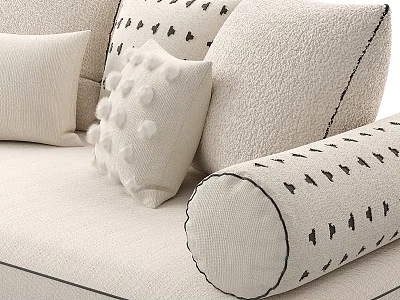 Cozy Beige Sectional Sofa With Pom Pom And Black Patterned Decorative Pillows 3d model