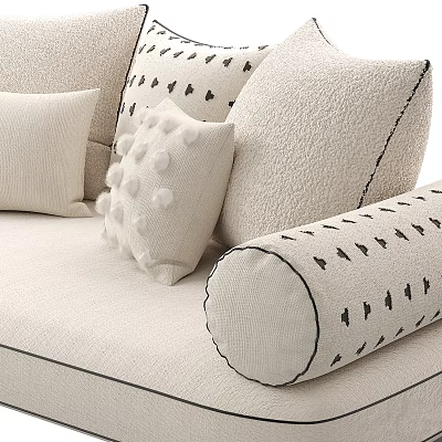 Cozy Beige Sectional Sofa With Pom Pom And Black Patterned Decorative Pillows 3d model