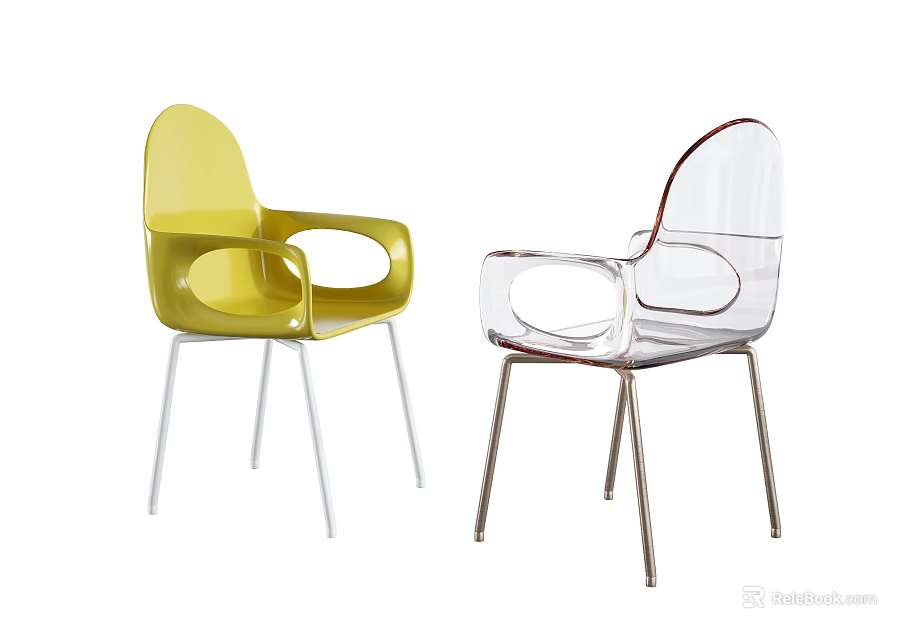 Modern Stylish Dining Chairs With Yellow Transparent Acrylic Design And Metal Legs Armrests 3d model 
