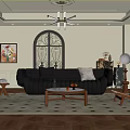 Living Room Interior Design With Black Leather Sofa Coffee Table Arched Iron Door And Chandelier