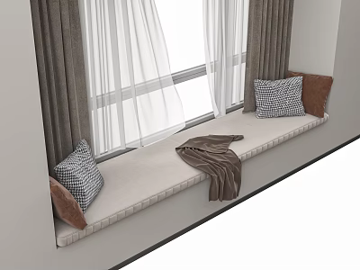 Cozy Window Seat Area With Sheer Curtains Checkered Pillows And Brown Blanket 3d model