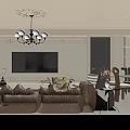 Elegant Modern Dining and Living Room Interior With Leather Sofa Chandelier Artwork and Rug