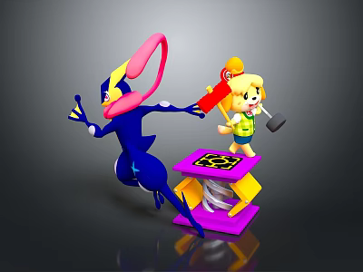Game Characters Blue Figure With Pink Ring And Blonde Girl Holding Hammer On Purple Spring Platform 3d model