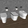 Three White Toilets in Modern Bathroom with Grey Wall Wooden Floor and Toilet Paper Holders