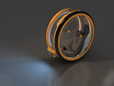 Futuristic Single Wheel Car With Orange Black Rim And Modern Interior 3d model