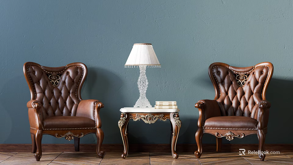 Leisure Sofa Set With Brown Leather Armchairs And Crystal Table Lamp On Side Table 3d model 