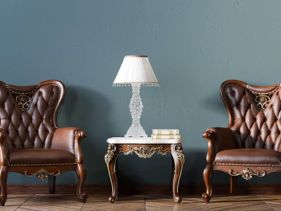 Leisure Sofa Set With Brown Leather Armchairs And Crystal Table Lamp On Side Table 3d model