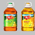 Two Bottles of Cooking Oil with Green and Red Labels and Yellow Fruits Design