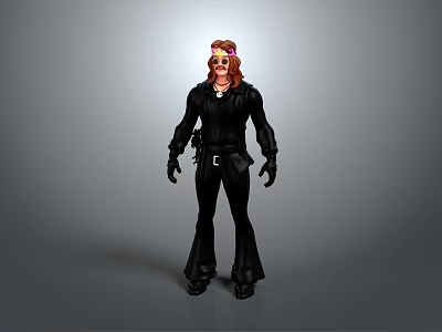 Man with long red hair in black outfit including long-sleeve top flared pants and gloves 3d model
