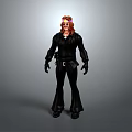 Man with long red hair in black outfit including long-sleeve top flared pants and gloves