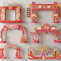 Traditional Red Chinese New Year Decor Arches Frames With Fu Lanterns Lion Dance Elements 3d model