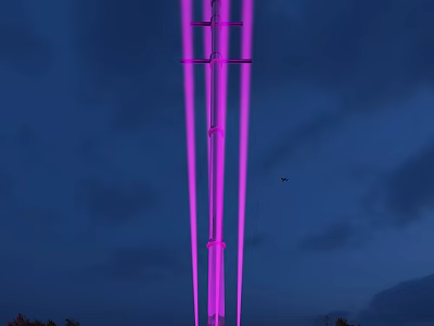 Tall Road Infrastructure Illuminated with Purple Lights Against Night Sky with Flying Bird 3d model