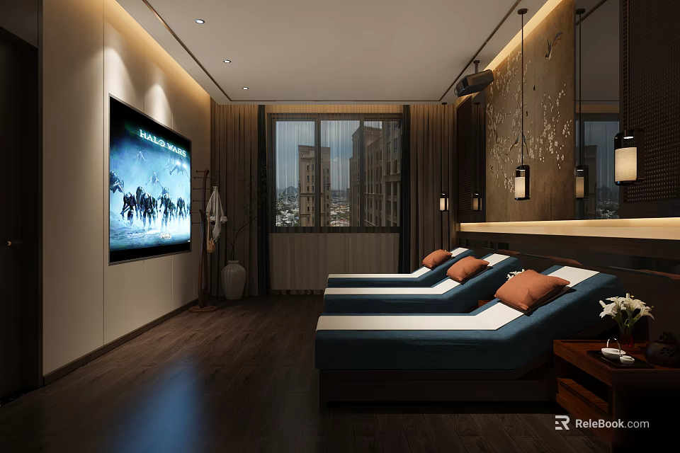 Luxury SPA Sauna Relaxation Room With Comfortable Loungers TV And City View Window 3d model 