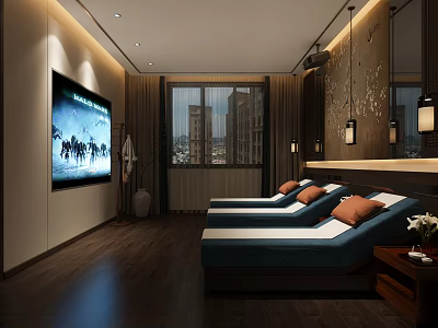 Luxury SPA Sauna Relaxation Room With Comfortable Loungers TV And City View Window 3d model