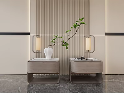 Modern Wooden Bedside Tables With Marble Top White Vase Green Plant And Table Lamps 3d model