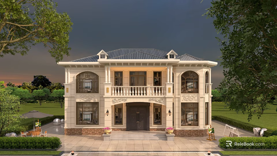 Two Story European Detached Villa With Dark Tile Roof Front Porch Balcony And Lawn 3d model 