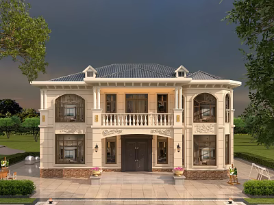 Two Story European Detached Villa With Dark Tile Roof Front Porch Balcony And Lawn 3d model