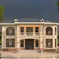 Two Story European Detached Villa With Dark Tile Roof Front Porch Balcony And Lawn