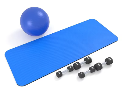 Blue Yoga Mat Exercise Ball And Dumbbells For Home Fitness Training 3d model