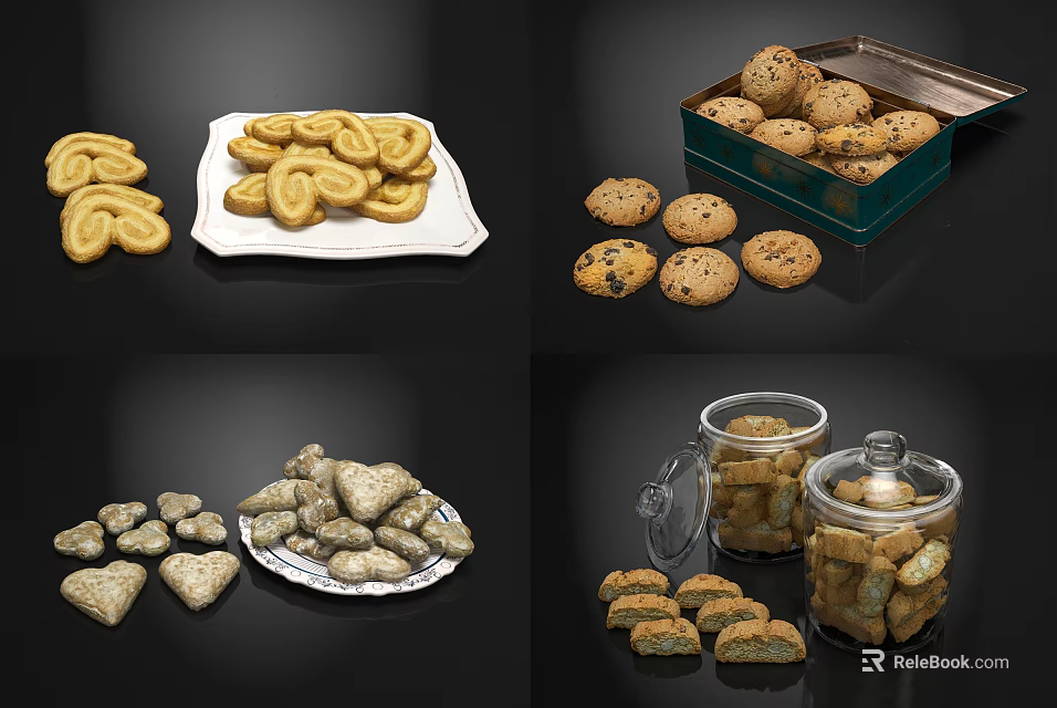 Delicious Assorted Cookies With Various Shapes Displayed In Glass Jars And Plates 3d model 