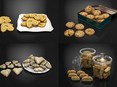 Delicious Assorted Cookies With Various Shapes Displayed In Glass Jars And Plates 3d model