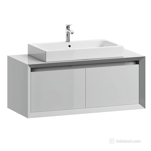 Modern Bathroom Vanity With White Rectangular Basin And Wall Mounted Shiny Cabinet Doors 3d model 