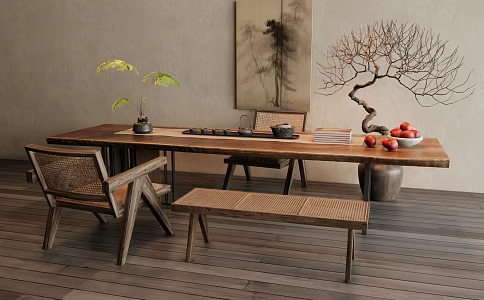 Antique Tea Table and Chair Rattan Leisure Chair Bench Dry Branches Bonsai Jewelry Ornaments Combination 3d model