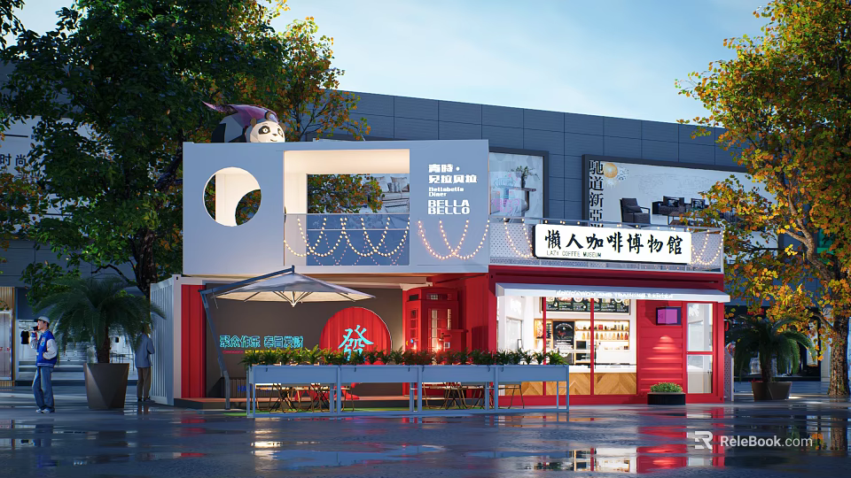 Red Seafood Experience Restaurant Storefront With String Lights Outdoor Seating And Green Plants 3d model 