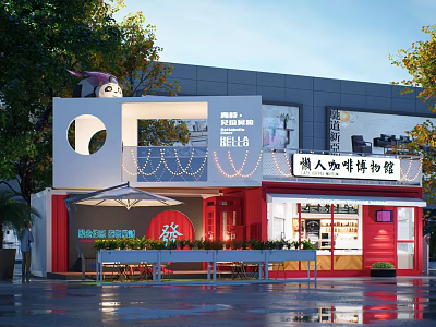 Red Seafood Experience Restaurant Storefront With String Lights Outdoor Seating And Green Plants 3d model