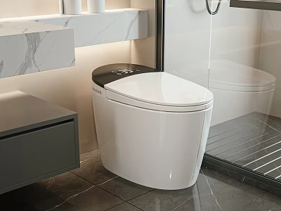 Modern Bathroom White Smart Toilet With Marble Countertop And Gray Cabinet 3d model