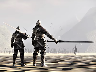 Game Film Medieval Knight Characters In Armor With Swords On Desert Battlefield 3d model
